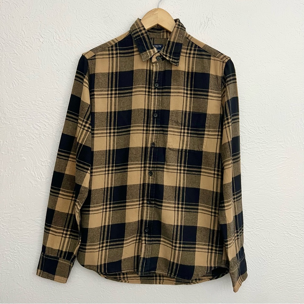 J Crew Reimagined Soft Knit 100% Cotton Flannel Black & Tan Button Down Small